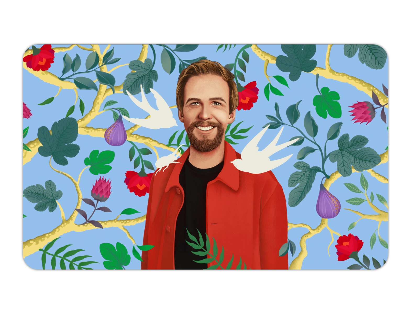 A drawing of a smiling man with a beard. He wears a black shirt and a red jacket over it. The background depecity various plants and leaves.